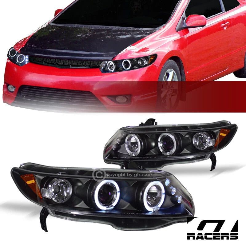 For 2006-2011 Honda Civic Coupe Black LED Halo Projector Headlights Signal Amber
