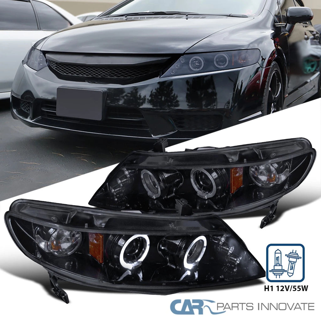 Fits 2006-2011 Honda Civic 4Dr Sedan Black Smoke LED Halo Projector Headlights