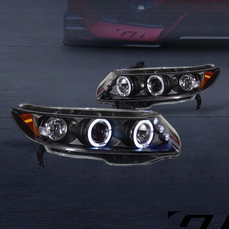 For 2006-2011 Honda Civic Coupe Black LED Halo Projector Headlights Signal Amber
