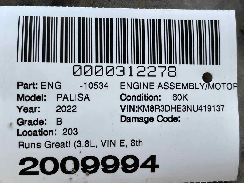 Fits 20-24 HYUNDAI PALISADE 3.8L AWD Engine Assy VIN E 8th Digit 60K Runs